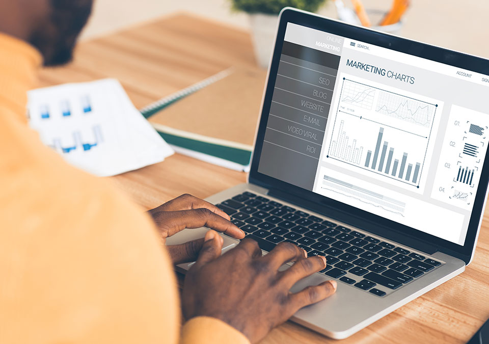 Businessman analyzing internet marketing charts on laptop in office.